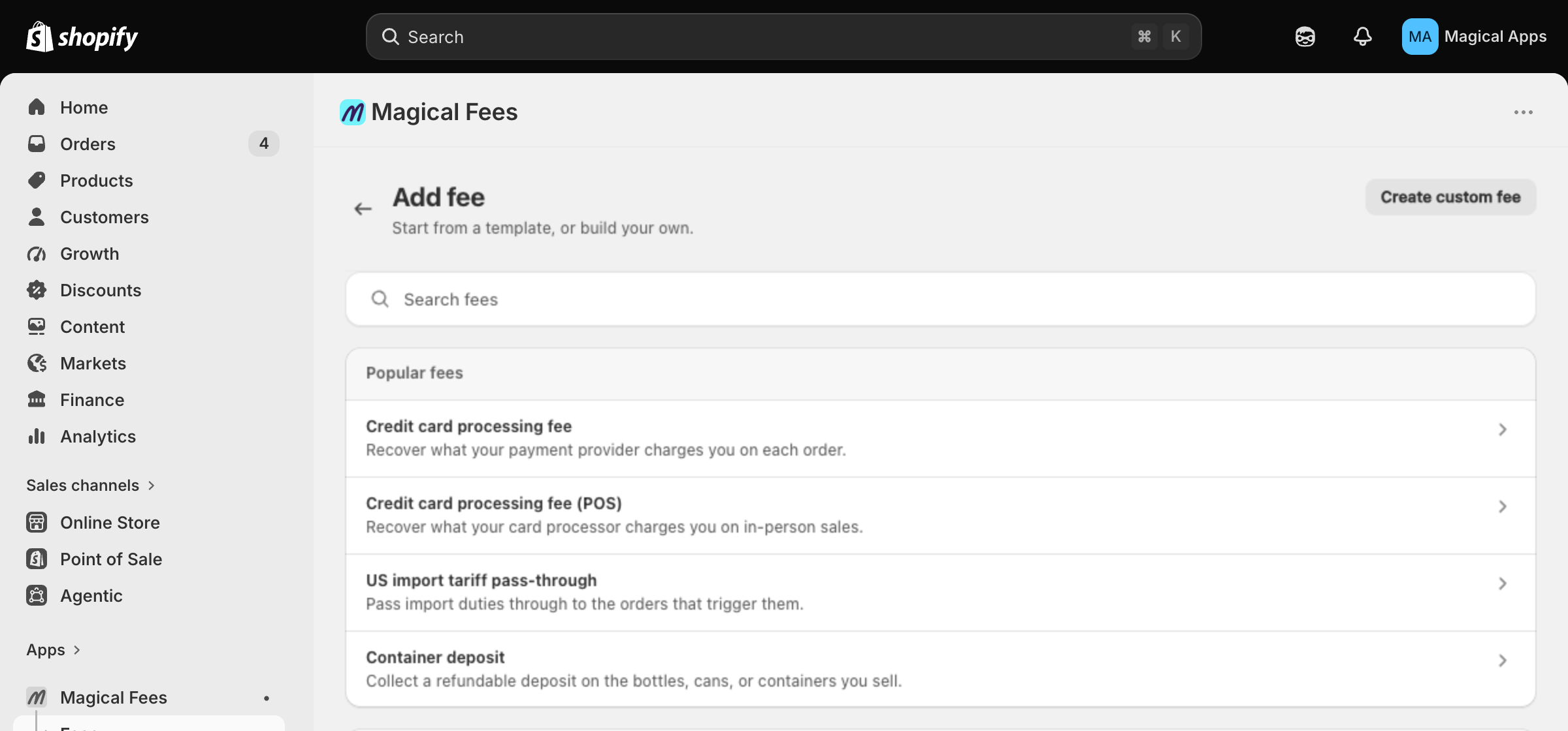 Add fee catalog showing the search field and the Popular fees list