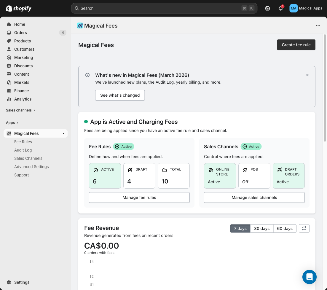 Magical Fees dashboard with Create fee rule button