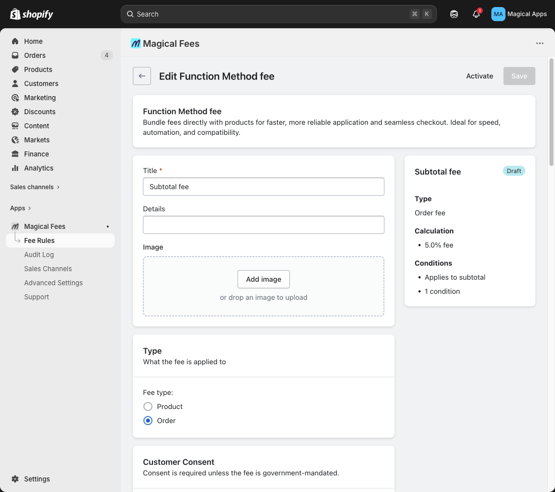 Fee rule editor showing Type, Calculation, and Conditions sections