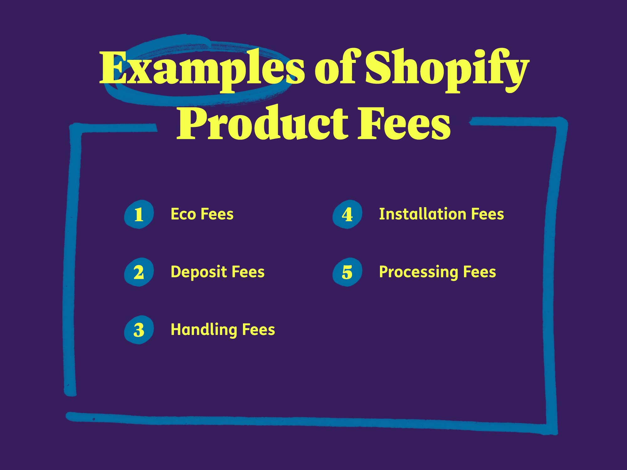 Examples of Shopify product fees: Eco fees, deposit fees, handling fees, installation fees, processing fees