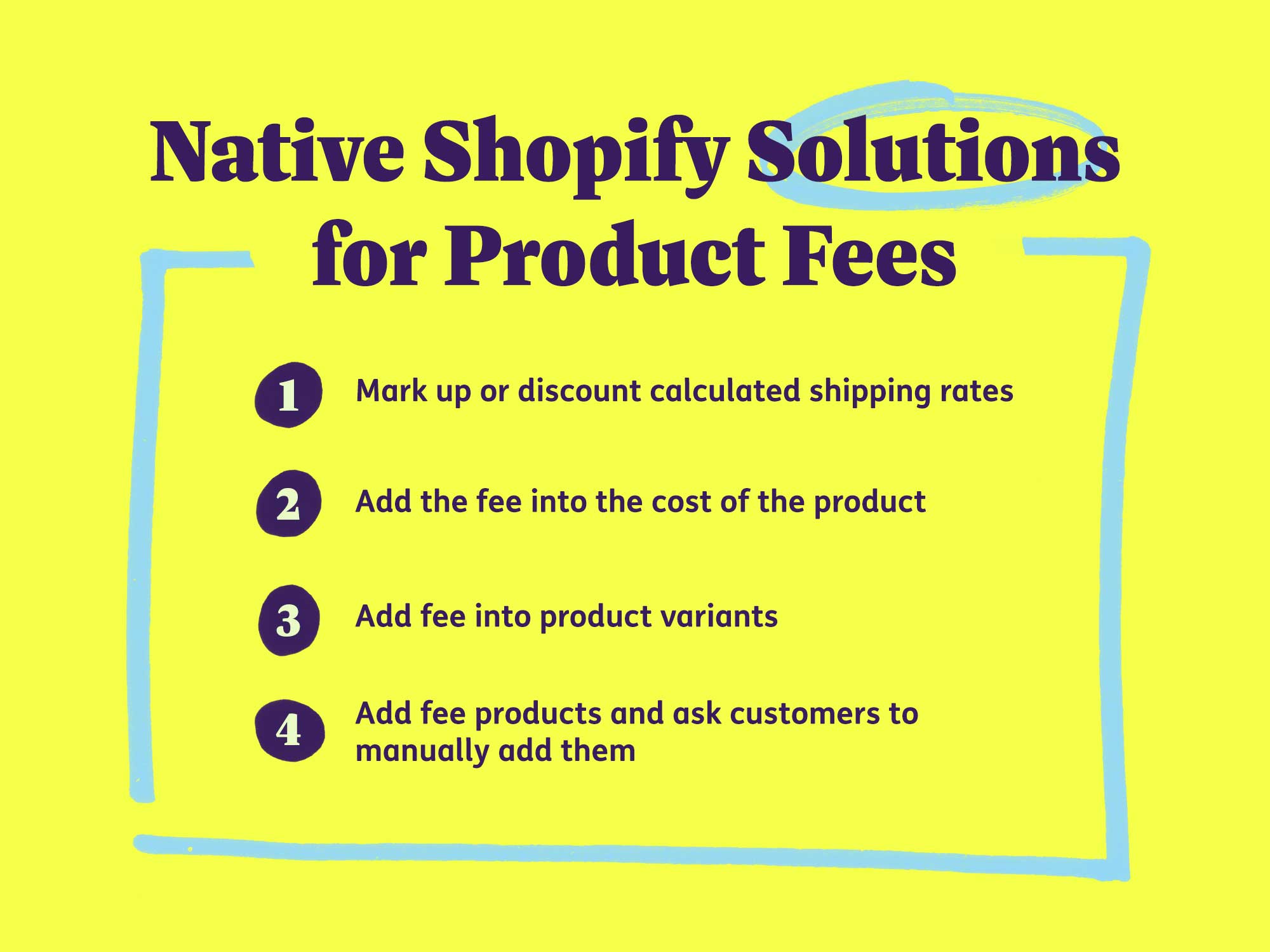 Native Shopify solutions for product fees: Mark up or discount calculated shipping rates, Add the fee into the cost of the product, Add fee into product variants, or Add fee products and ask customers to manually add them