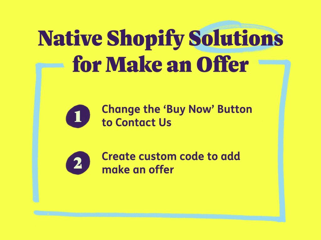 Native Shopify solutions for make an offer: Change the ‘Buy Now’ Button to Contact Us and Create custom code to add make an offer