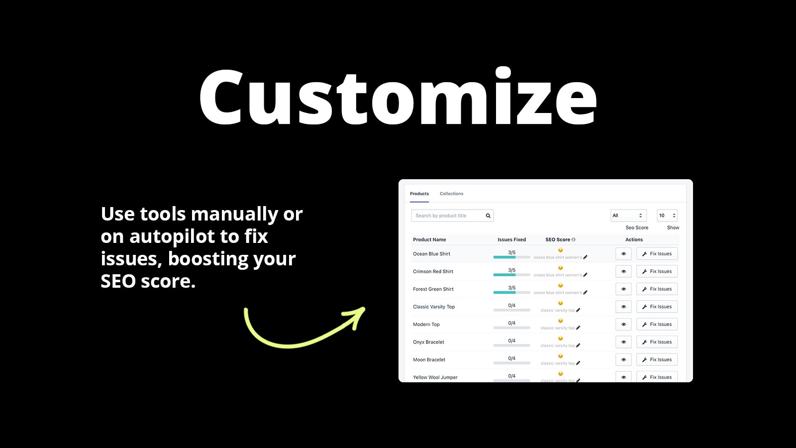 Customize. Use tools manually or on autopilot to fix issues, boosting your SEO score.