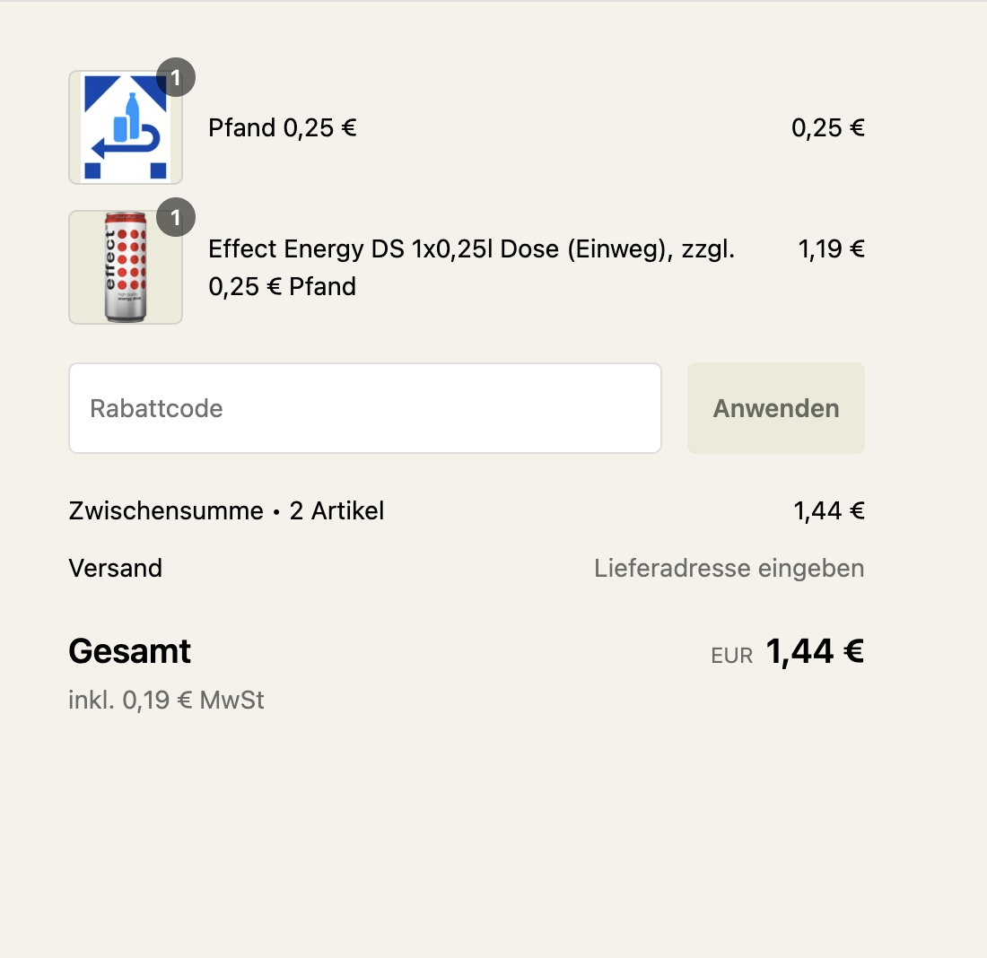 Screenshot of German Shopify store checkout with one Effect Energy drink and a pfand fee of 25 cents